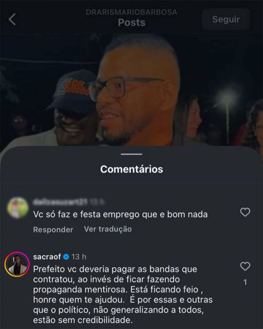 Santaluz: Empresário cobra dívida de prefeito em rede social