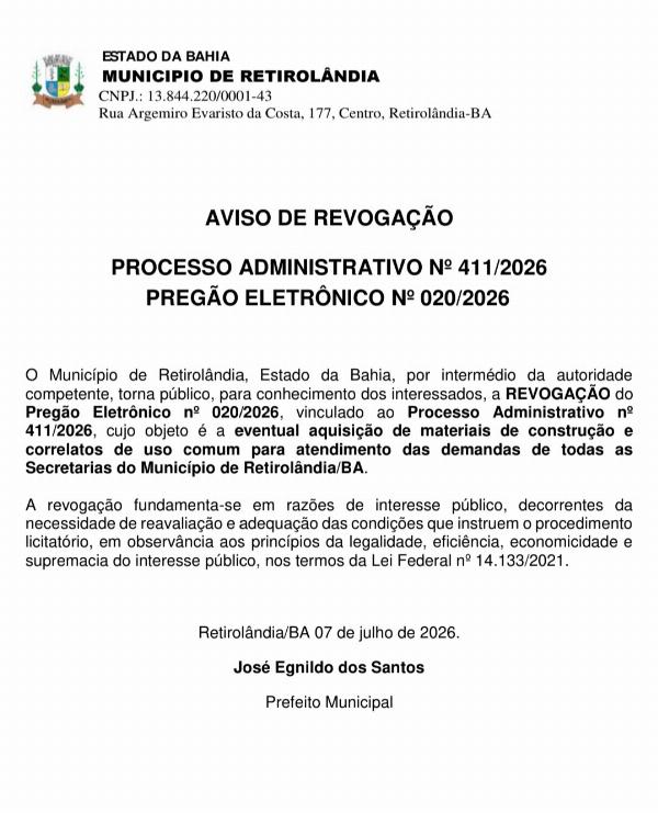 Prefeitura de Retirolândia cancela licitação de R$ 743 mil após denúncia de suposto favorecimento