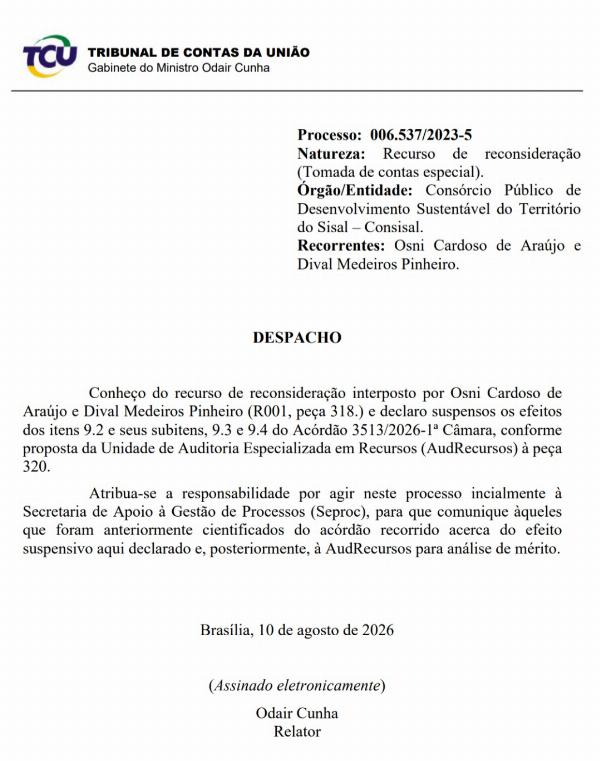 TCU suspende efeitos de condenação contra Dival e Osni em processo sobre o Consisal