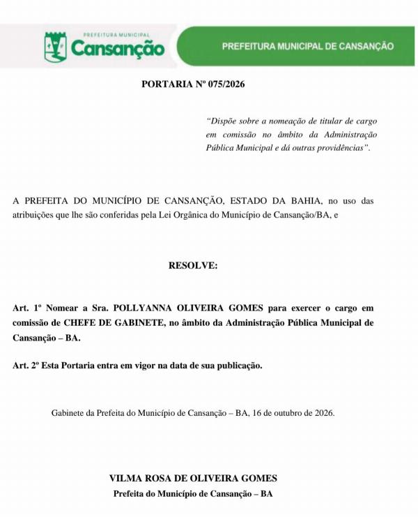 Prefeita de Cansanção nomeia filha para chefia de Gabinete; família foi condenada por lavagem de dinheiro